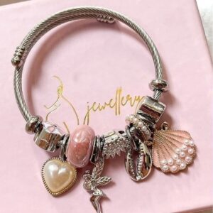 Toptan Gümüş Renk Pembe Deniz Kabuğu Charmlı Pandora Çelik Bileklik -  3159