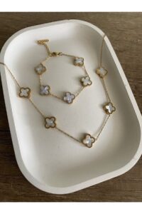 Toptan Altın Renk Beyaz Sedef Van Cleef Kolye Bileklik Set (çift Yönlüdür) - 3166