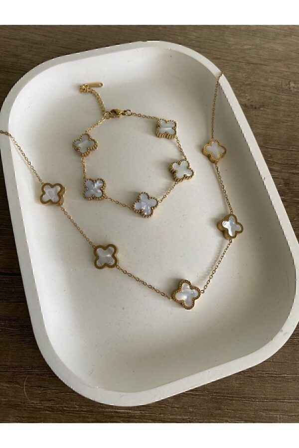 Toptan Altın Renk Beyaz Sedef Van Cleef Kolye Bileklik Set (çift Yönlüdür) - 3166