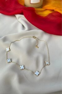 Toptan Altın Renk Beş Parçalı Beyaz Sedef Van Cleef Bijuteri Kolye- 3164