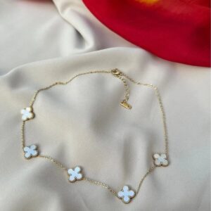 Toptan Altın Renk Beş Parçalı Beyaz Sedef Van Cleef Bijuteri Kolye- 3164