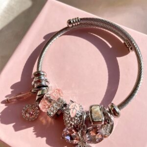 Toptan Gümüş Renk Kristal Pembe Kelebek Charmlı Pandora Çelik Bileklik -  3190