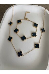 Toptan Altın Renk Siyah Sedef Van Cleef Kolye Bileklik Set (çift Yönlüdür) - 3165