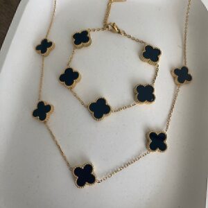 Toptan Altın Renk Siyah Sedef Van Cleef Kolye Bileklik Set (çift Yönlüdür) - 3165