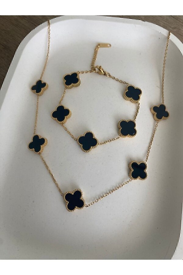 Toptan Altın Renk Siyah Sedef Van Cleef Kolye Bileklik Set (çift Yönlüdür) - 3165