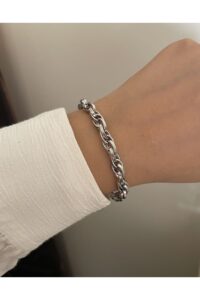 Toptan Gümüş Kaplama İç İçe Geçmeli Zincir Halat Unisex Çelik Bileklik - 3213