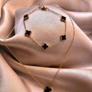 Toptan Altın Renk Siyah Sedef Van Cleef Kolye Bileklik Set - 3211