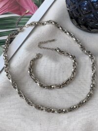 Toptan Gümüş Renk Çelik İç İçe Geçmeli Halat Unisex Kararmaz Kolye Ve Bileklik Çelik Set - 3214