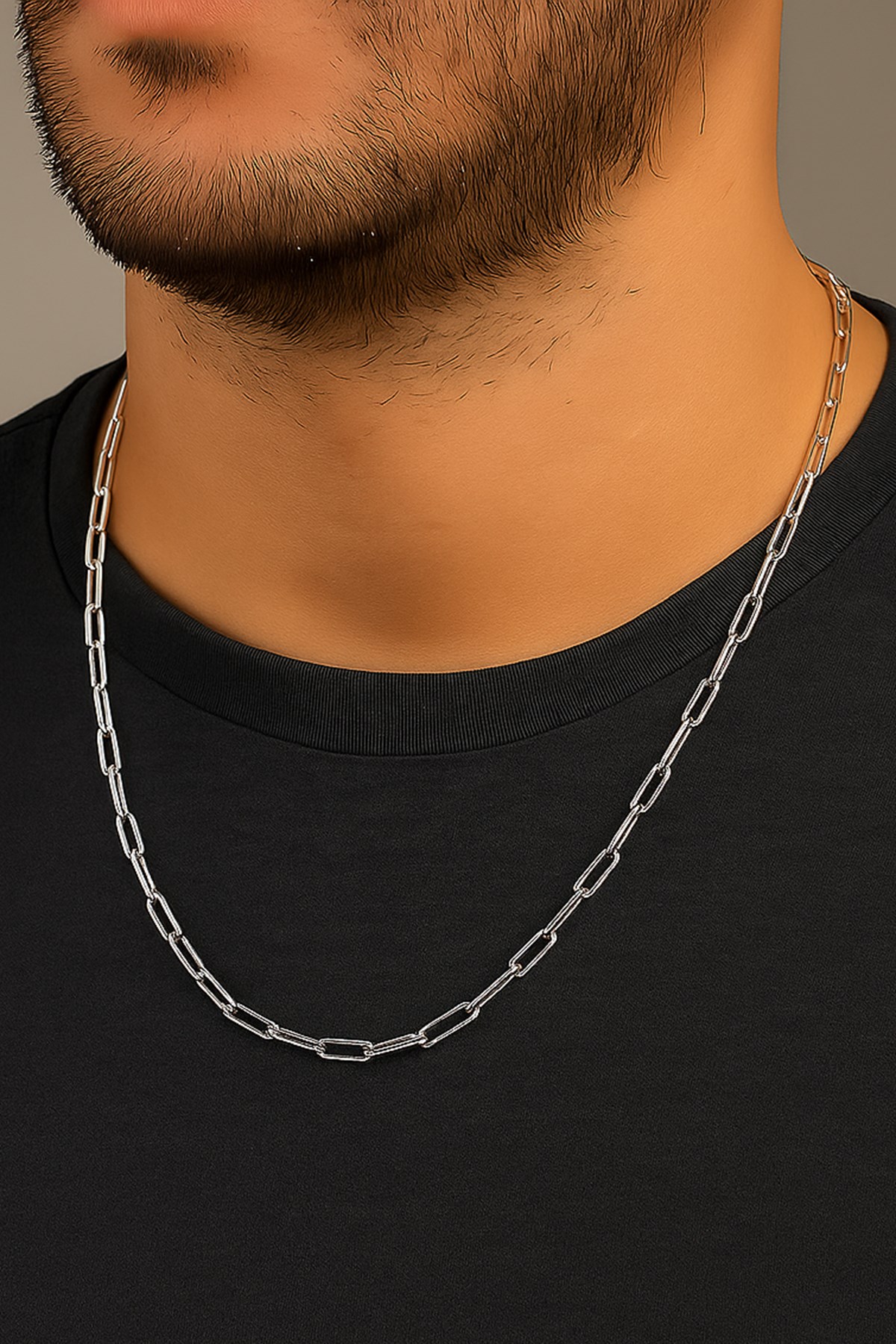 Toptan Gümüş Renk Kalın Ataç Unisex Çelik Kolye - 3362