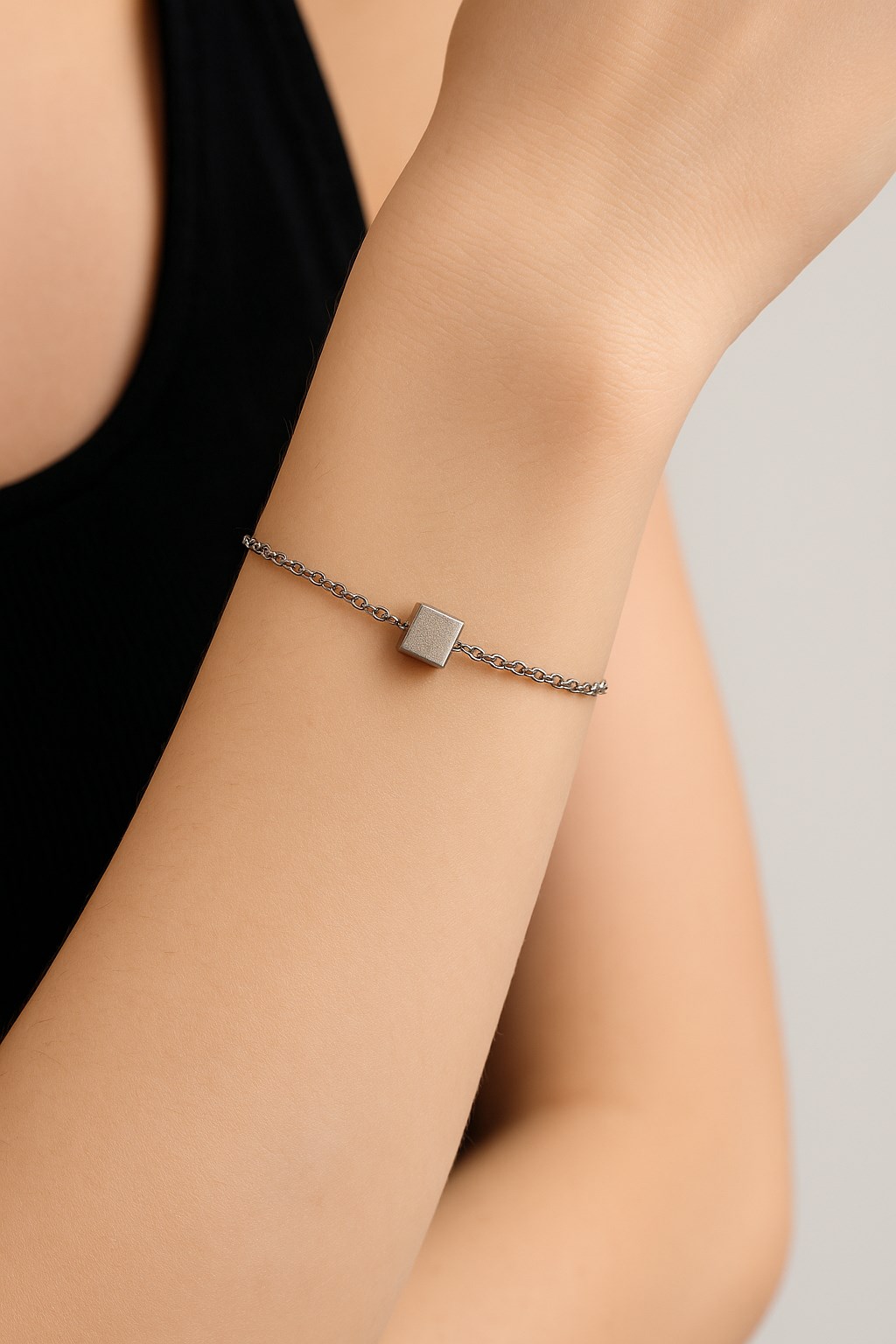 Toptan Gümüş Renk Sf Küp Zincir Unisex Çelik Bileklik - 3384
