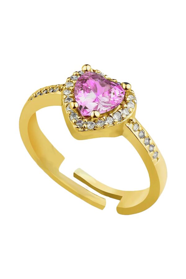 Altın Renk Pembe Taş Kalp Şekil Lovely  Zirkon Pandora Yüzük Ayarlanabilir Her Parmağa Olur  - 2980 - Görsel 2