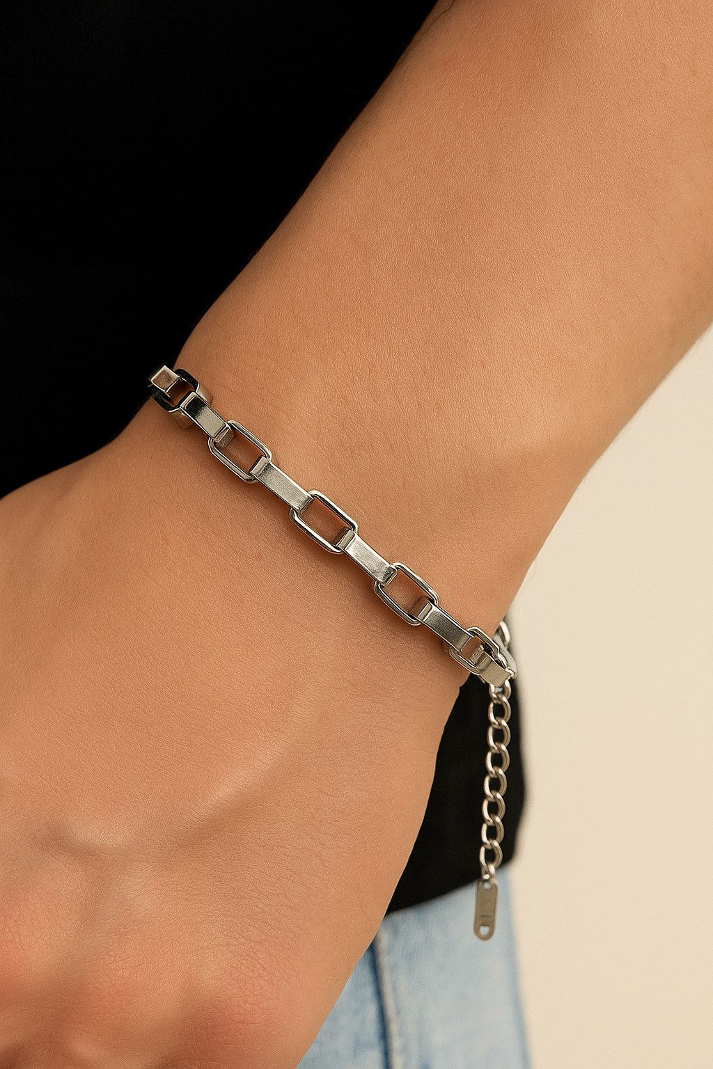 Toptan Gümüş Renk Küp Zincir Unisex Çelik Bileklik - 3340