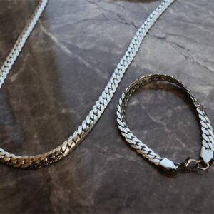 ToptanGümüş Renk Çelik Plüton Örme Snake Unisex Kolye & Bileklik Set Vip Kararmaz Çelik Set -3121