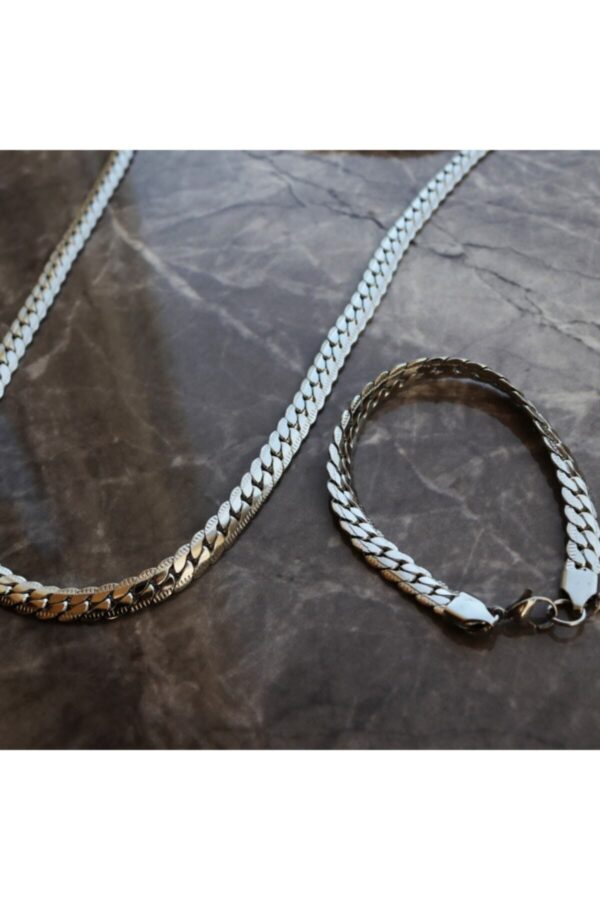 ToptanGümüş Renk Çelik Plüton Örme Snake Unisex Kolye & Bileklik Set Vip Kararmaz Çelik Set -3121