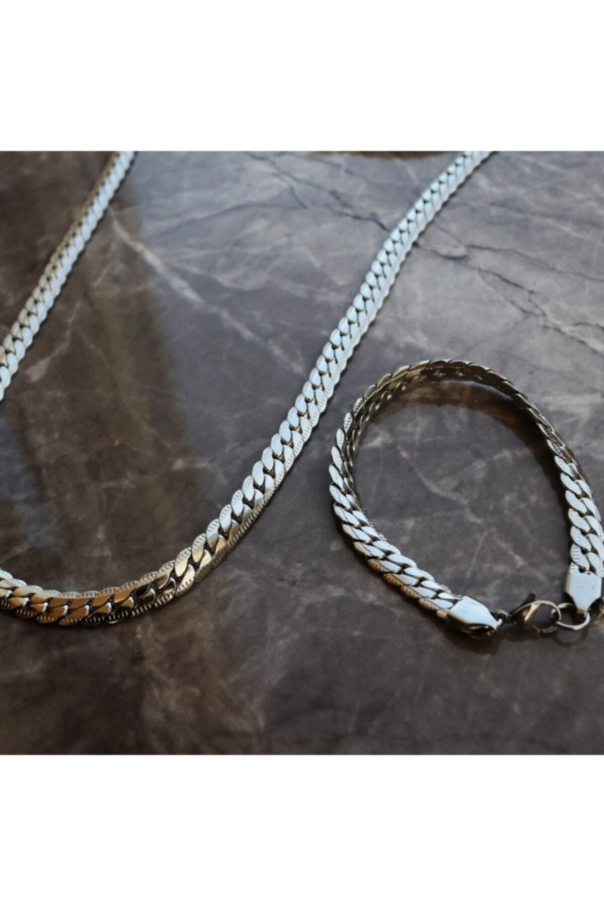 ToptanGümüş Renk Çelik Plüton Örme Snake Unisex Kolye & Bileklik Set Vip Kararmaz Çelik Set -3121