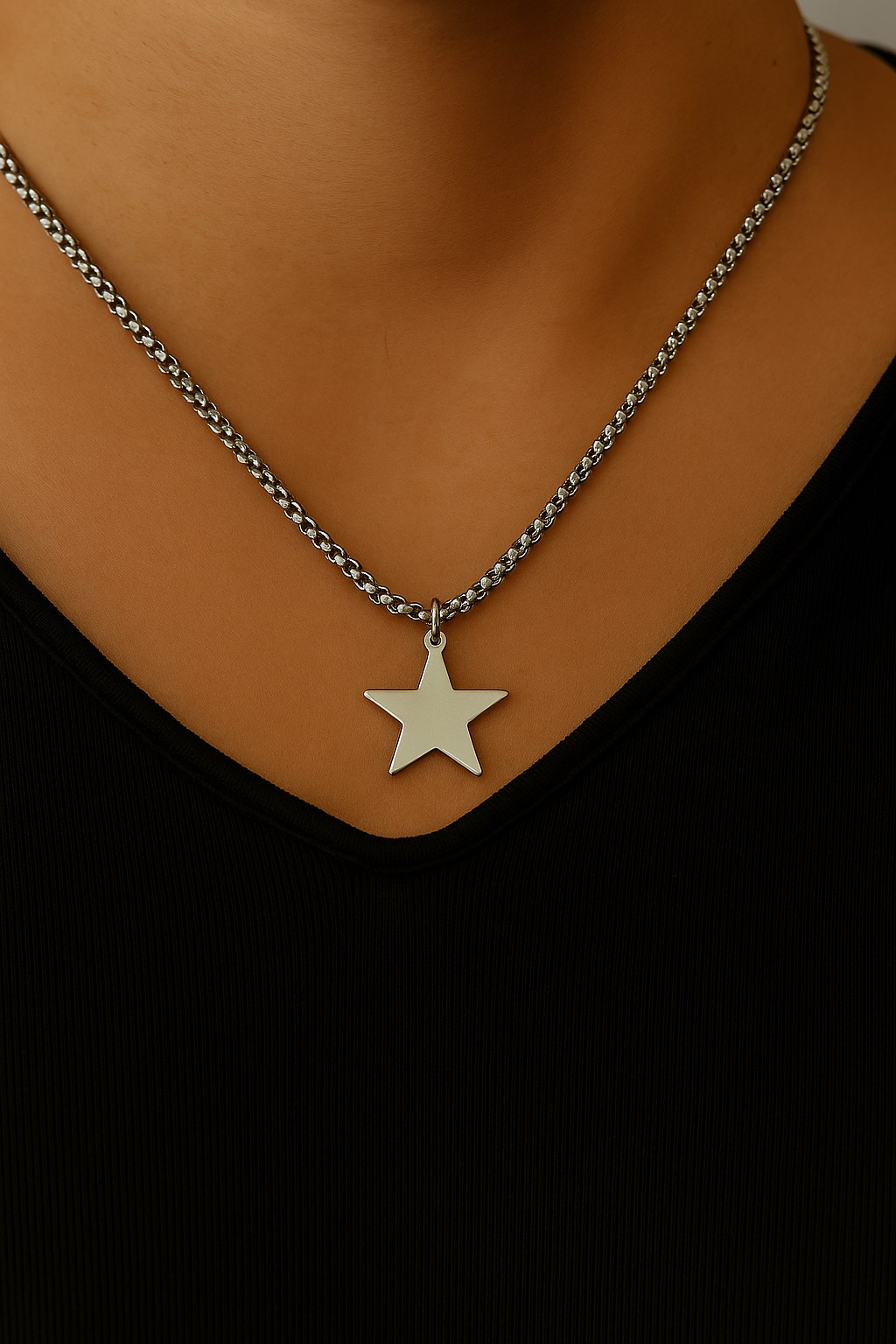 Toptan Gümüş Renk Yıldız Model Unisex Arnavut Zincir Çelik Kolye - 3307