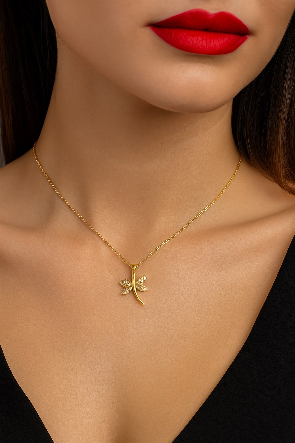 Toptan Altın Renk Zirkon Taşlı Yusufcuk  Model Zirkon Kolye - 1791