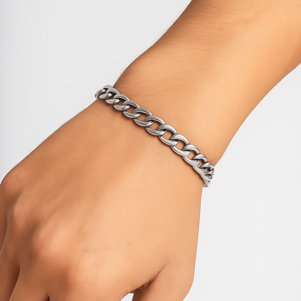 Toptan Gümüş Renk Cuban Unisex Erkek Metal Beyaz Çelik Zincir Çelik Bileklik- 2800