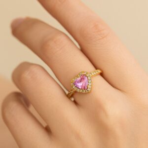 Altın Renk Pembe Taş Kalp Şekil Lovely  Zirkon Pandora Yüzük Ayarlanabilir Her Parmağa Olur  - 2980