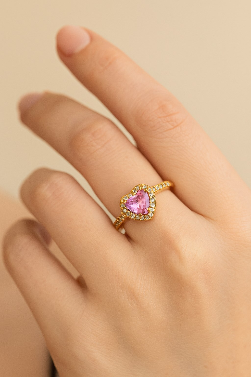 Altın Renk Pembe Taş Kalp Şekil Lovely  Zirkon Pandora Yüzük Ayarlanabilir Her Parmağa Olur  - 2980