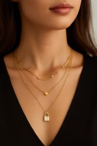 Toptan Altın Rengi Kilit Ve Kalp Charm Katmanlı Kolye - 475