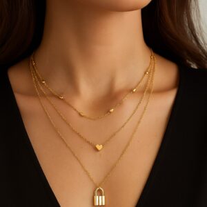 Toptan Altın Rengi Kilit Ve Kalp Charm Katmanlı Kolye - 475