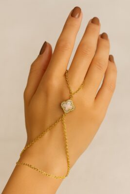 Toptan Altın Renk Van Cleef Çift Yönlü Önü Beyaz Arkası Siyah Yonca Zincir Çelik Şahmeran - 350