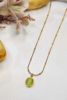Toptan Altın Renk Oval Yeşil Taşlı Çelik Kolye Paslanmaz Çelik Kolye - 3396