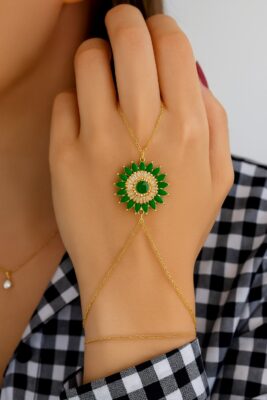 Toptan Altın Renk Güneş Yeşil Taş Çelik Şahmeran - 3517