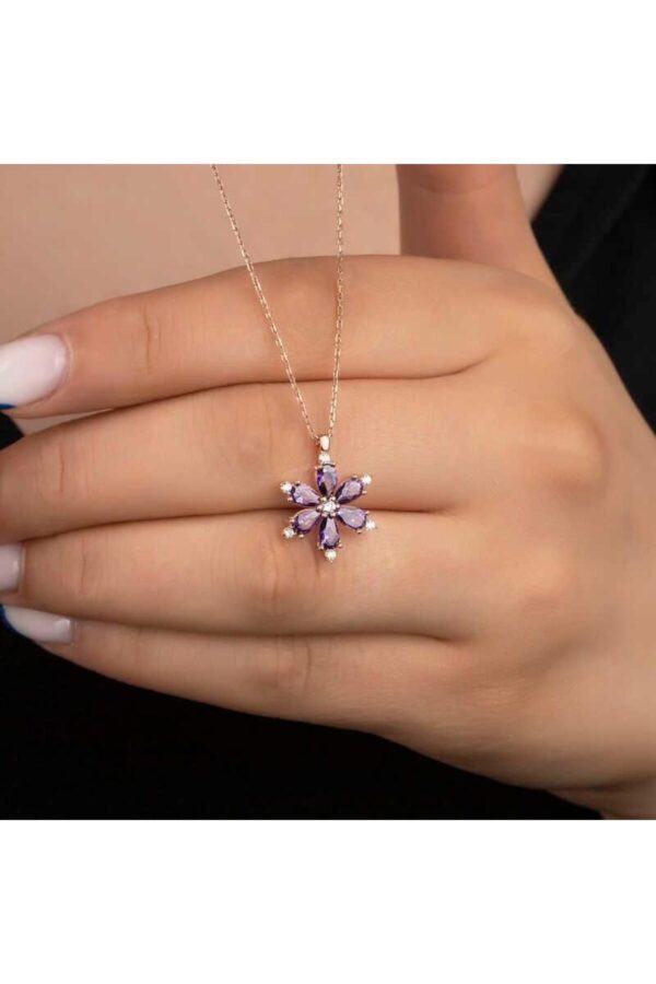 Toptan Altın Renk Mor Damla Taşlı Lotus Kamelya Çiçeği Çelik Kolye - 3418 - Görsel 2