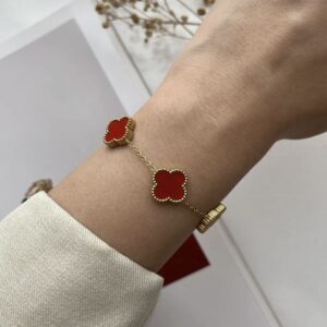 Toptan Altın Renk Kırmızı Sedef Van Cleef Bijuteri Bileklik - 3664