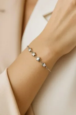 Toptan Gümüş Renk Sıralı Yıldız Asansör Çelik Bileklik - 3579