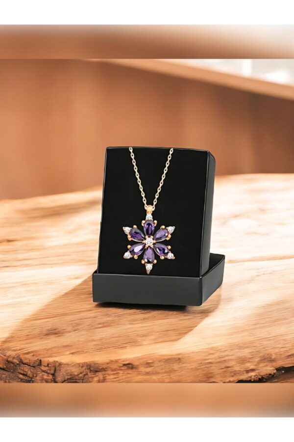 Toptan Altın Renk Mor Damla Taşlı Lotus Kamelya Çiçeği Çelik Kolye - 3418 - Görsel 3