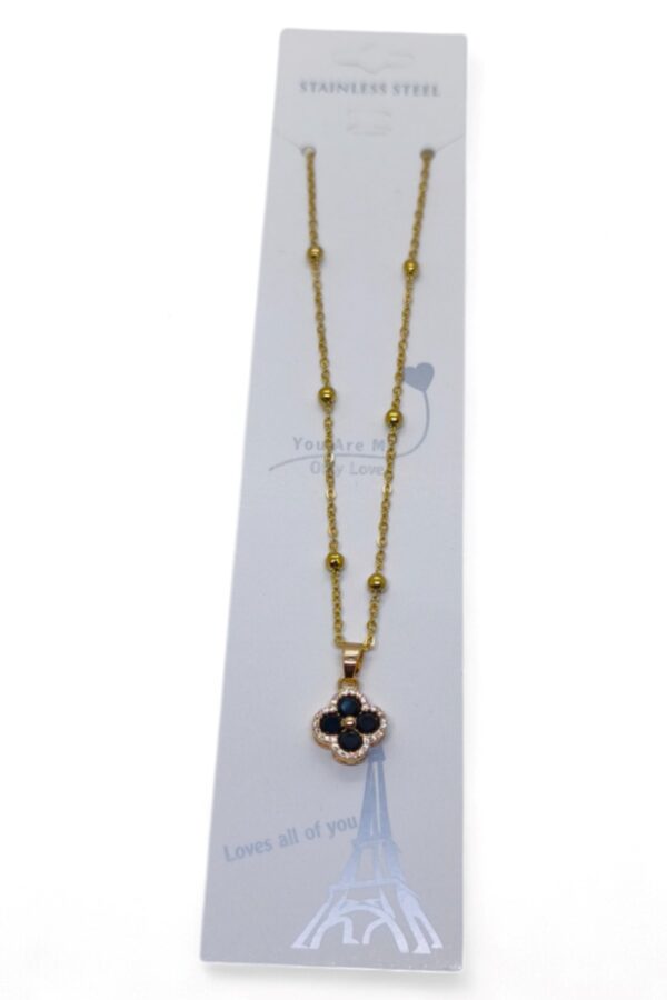 Toptan Altın Renk Siyah Taş Van Cleef Yonca Model Top Zincir Çelik Kolye - 3687 - Görsel 2