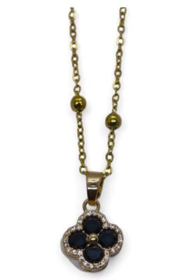 Toptan Altın Renk Siyah Taş Van Cleef Yonca Model Top Zincir Çelik Kolye - 3687