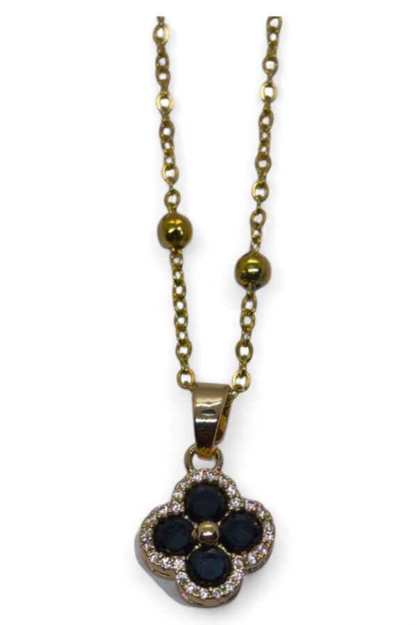 Toptan Altın Renk Siyah Taş Van Cleef Yonca Model Top Zincir Çelik Kolye - 3687