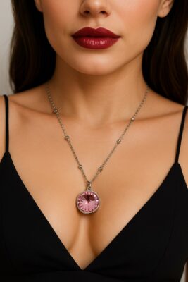 Toptan Gümüş Renk Pembe Taş Yuvarlak Model Top Zincir Çelik Kolye - 3767