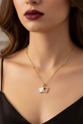 Toptan Altın Renk Beyaz Mineli Van Cleef Yonca Model Top Zincir Çelik Kolye- 3708