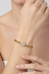 Toptan Altın Renk Yuvarlak Beyaz Model Şavin Zincir Çelik Bileklik - 3672