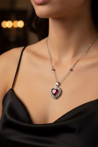Toptan Gümüş  Renk Bordo Taş Kalp Model Top Zincir Çelik Kolye- 3810