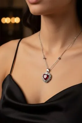 Toptan Gümüş  Renk Bordo Taş Kalp Model Top Zincir Çelik Kolye- 3810