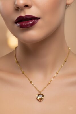 Toptan Altın Renk Amber Kalp Model Top Zincir Çelik Kolye- 3736