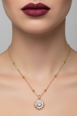 Toptan Altın Renk Yuvarlak Mekik Taşlı Model Top Zincir Çelik Kolye- 3716