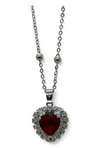 Alternative view of Toptan Gümüş  Renk Bordo Taş Kalp Model Top Zincir Çelik Kolye- 3810