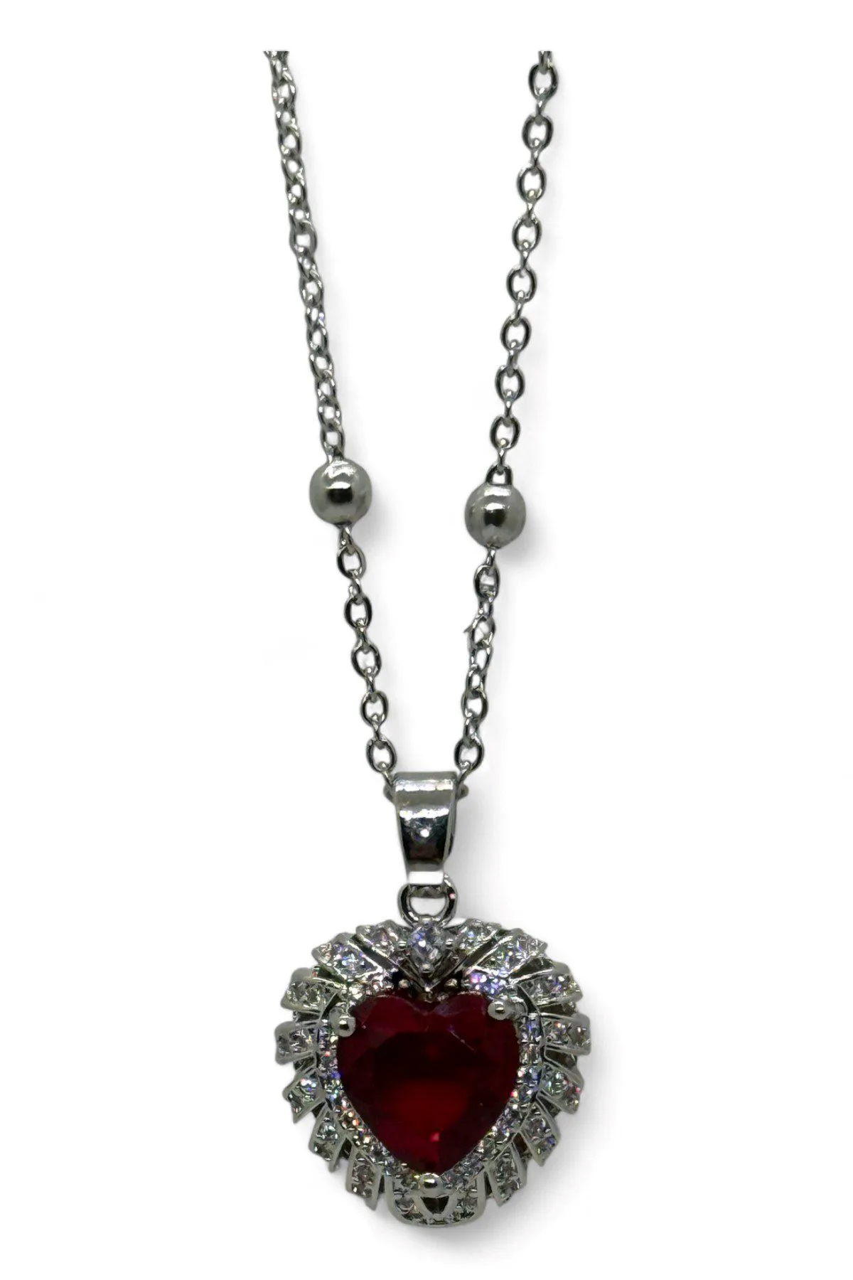 Toptan Gümüş  Renk Bordo Taş Kalp Model Top Zincir Çelik Kolye- 3810 - Görsel 2