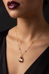 Toptan Altın Renk Amber Damla Model Top Zincir Çelik Kolye- 3730