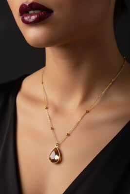 Toptan Altın Renk Amber Damla Model Top Zincir Çelik Kolye- 3730
