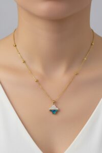 Toptan Altın Renk Van Cleef Yonca Taşlı Altı Sedef Model Top Zincir Çelik Kolye- 3705