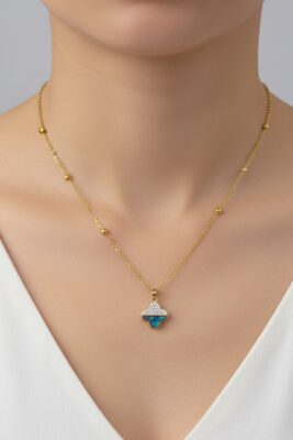 Toptan Altın Renk Van Cleef Yonca Taşlı Altı Sedef Model Top Zincir Çelik Kolye- 3705