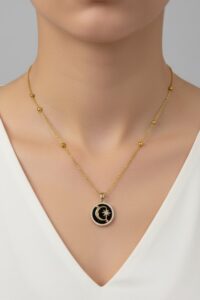 Toptan Altın Renk Siyah Mineli Ay Yıldız Model Top Zincir Çelik Kolye- 3706